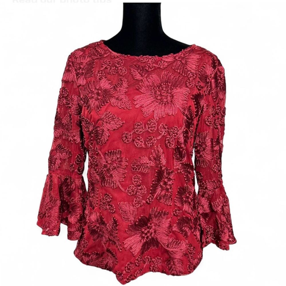 ALEX EVENINGS  Embroidered Wine Red Floral Long-Sleeve Blouse S, W/ Back Zipper.